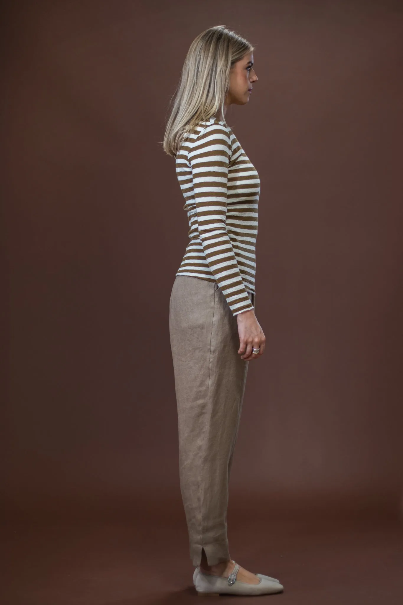 Warm Layer Fit Merino Crew Neck | Raw White   Bronze Stripe