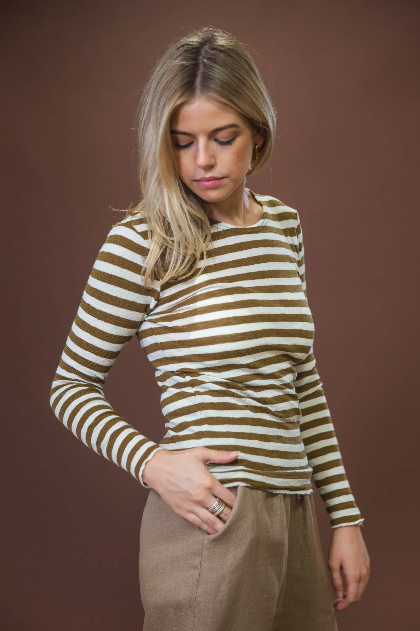 Merino Crew Neck | Raw White   Bronze Stripe Everyday Style