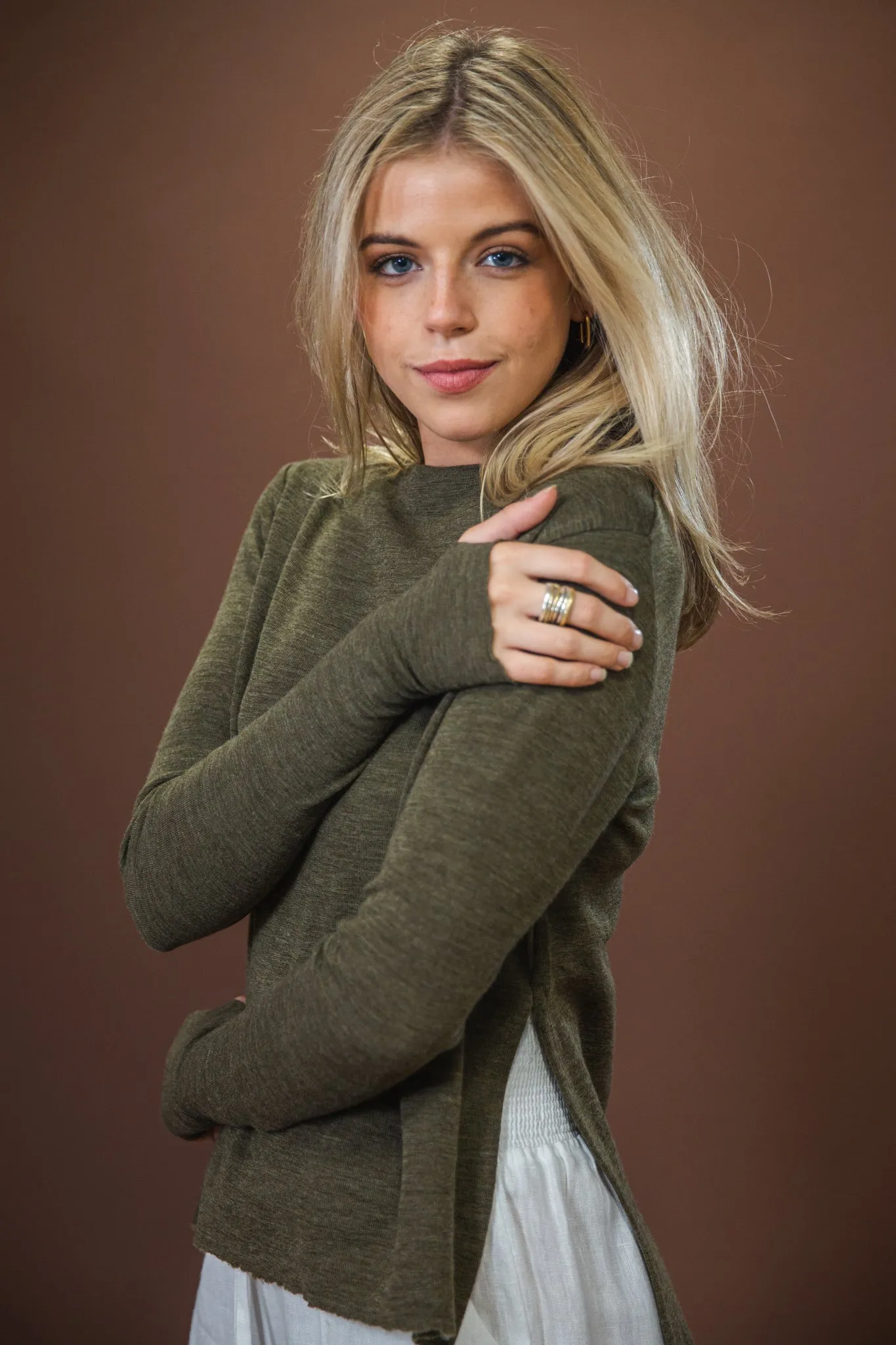 Merino With High Slits | Capers Melange Timeless Comfort Knit Layers