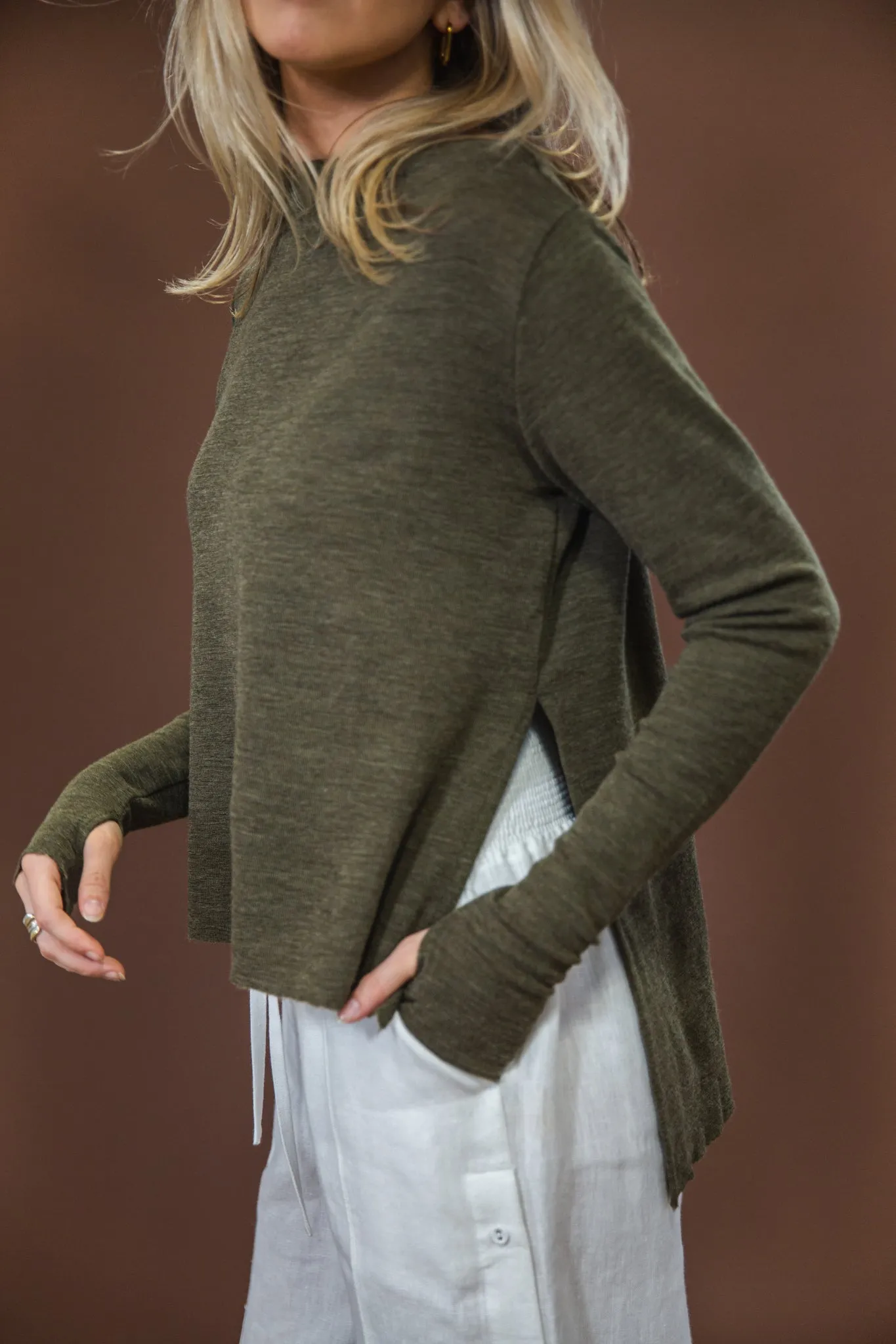 Merino With High Slits | Capers Melange Knitted Layer Thermal Insulation