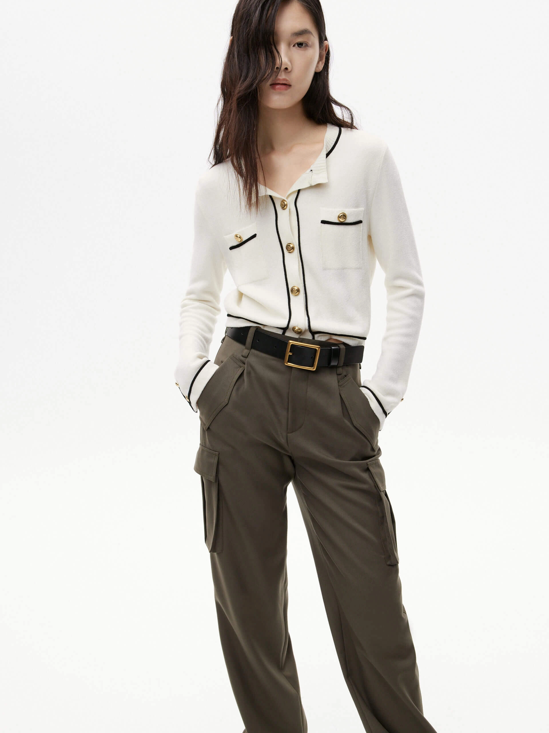 Metallic Button Knit Cardigan Cozy Loopback Fabric Simple Aesthetic