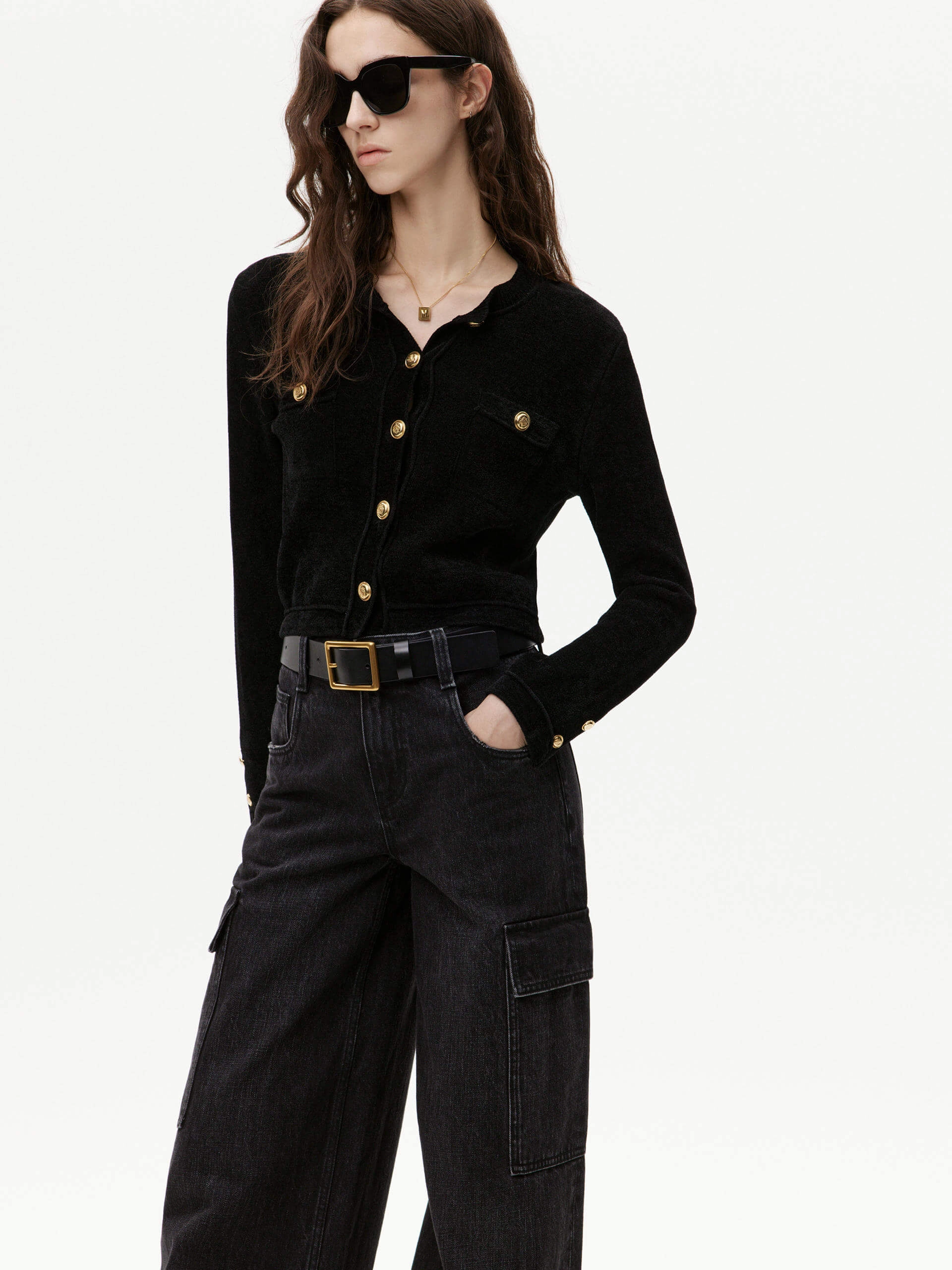 Metallic Button Knit Cardigan Brushed Inner