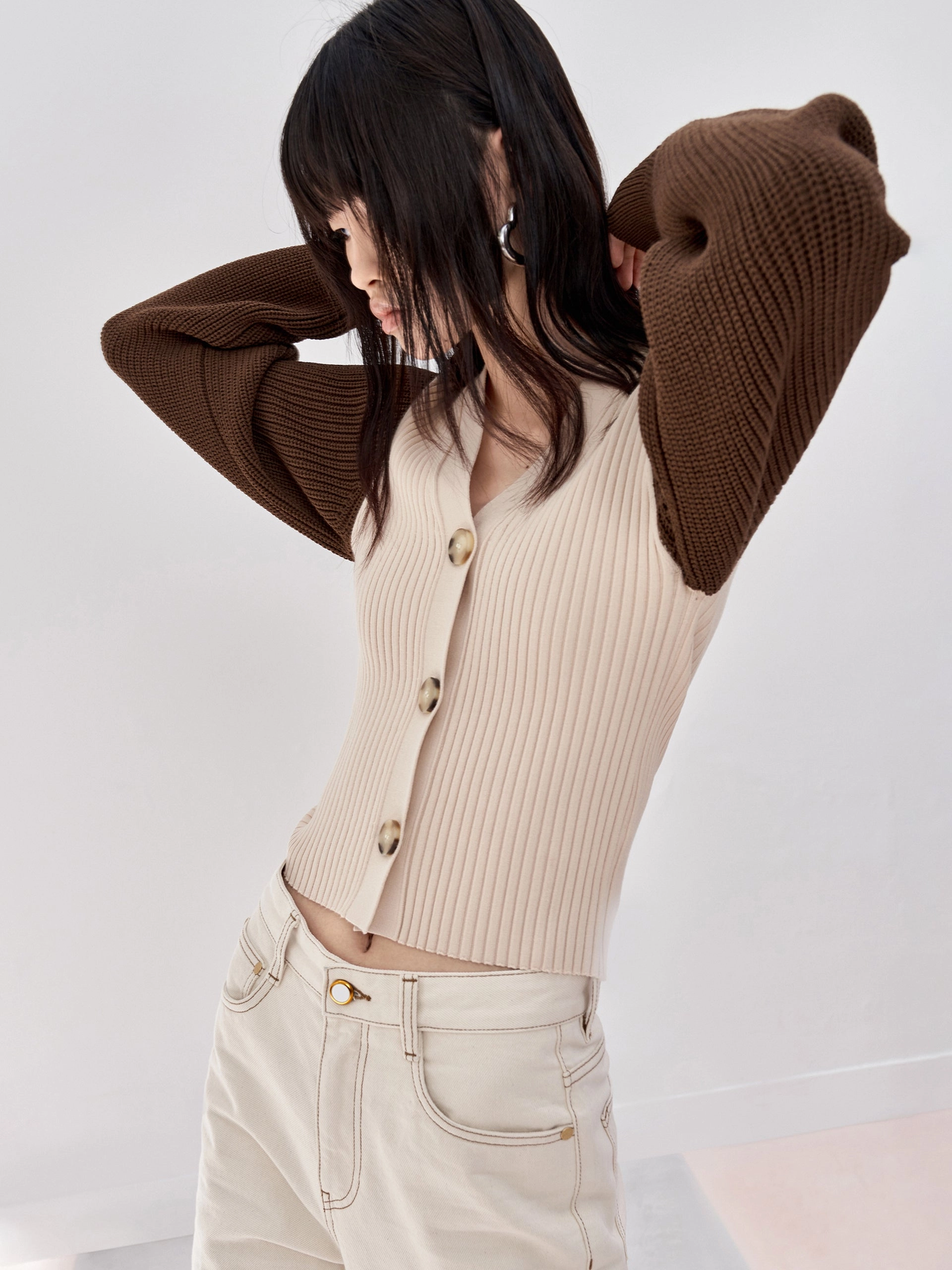 Contrast Panel Knit Cardigan Daily Look Layered Neckline