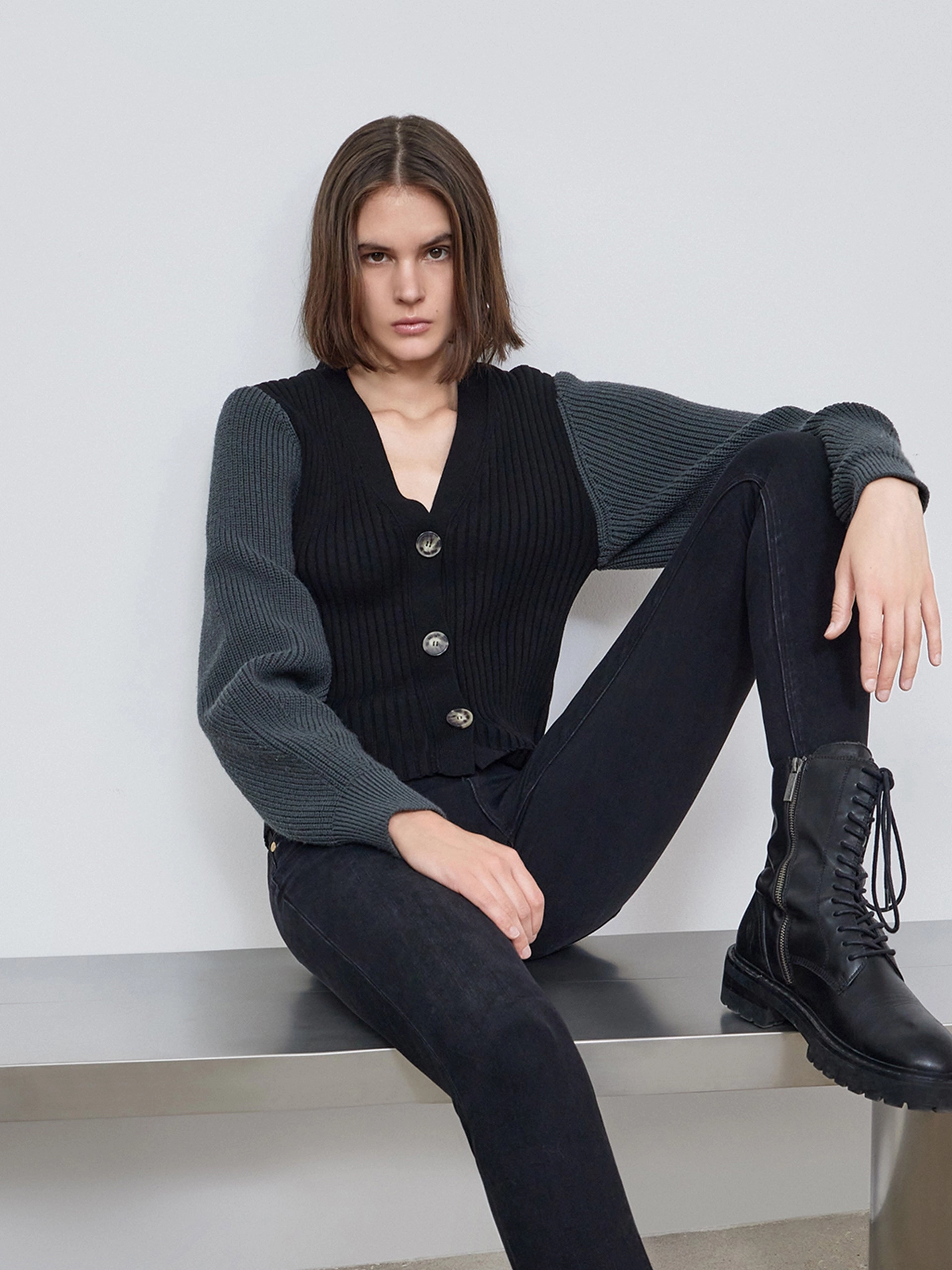 Contrast Panel Knit Cardigan Seasonal Layer Thermal Insulation Knits