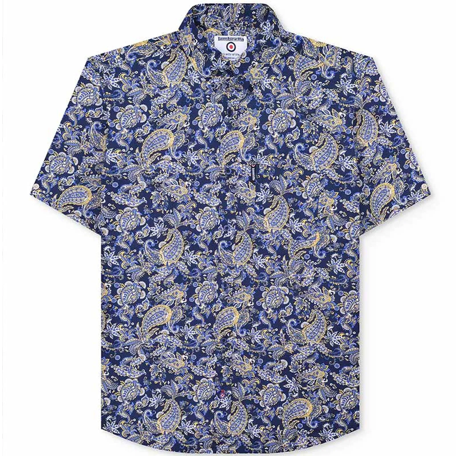 Lambretta Mens Mod Paisley Short Sleeve Button Down Shirt - Navy Seamless construction Two Tone Stitching