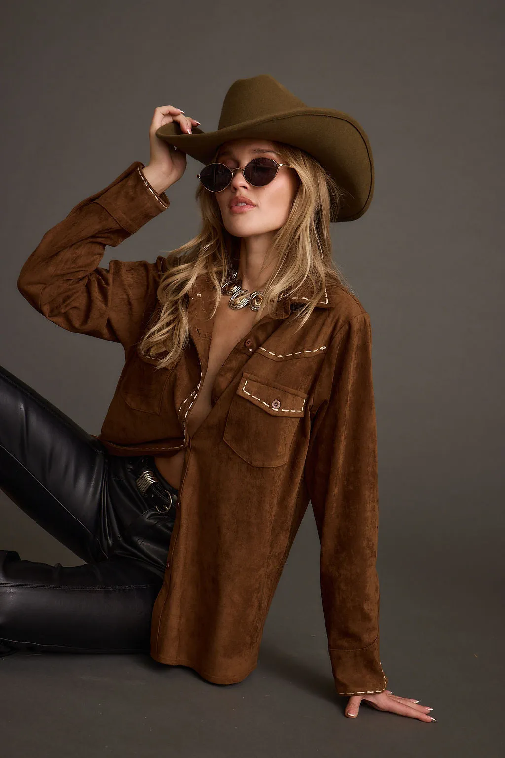 Short cuff Rustic Pines Brown Suede Button Down Top