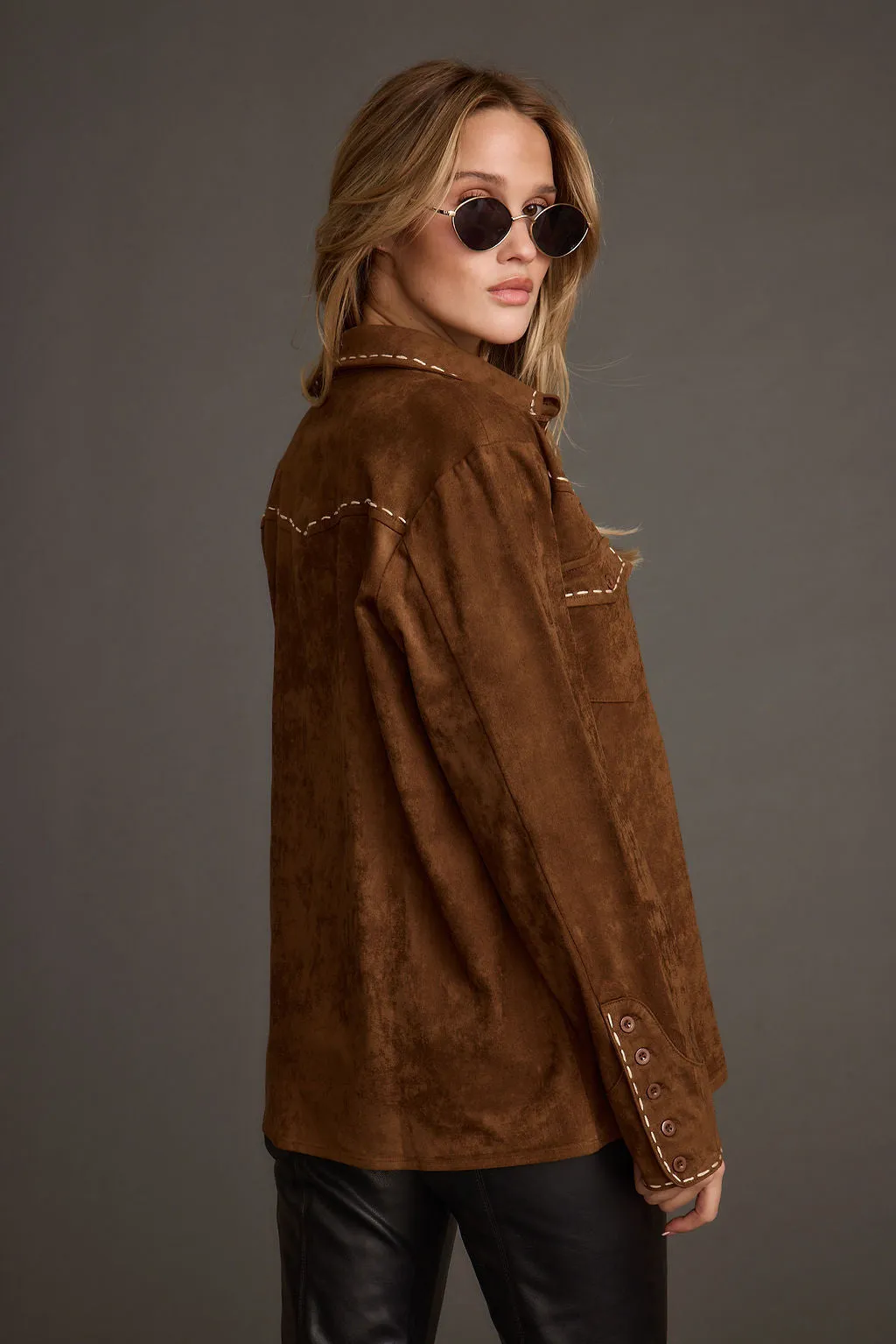 Rustic Pines Brown Suede Button Down Top High - end