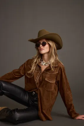 Full Cut Armhole Design Rustic Pines Brown Suede Button Down Top