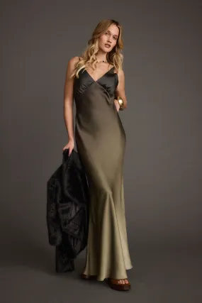 Mirabella Olive Satin Ombre Maxi Dress Sleek and Simple