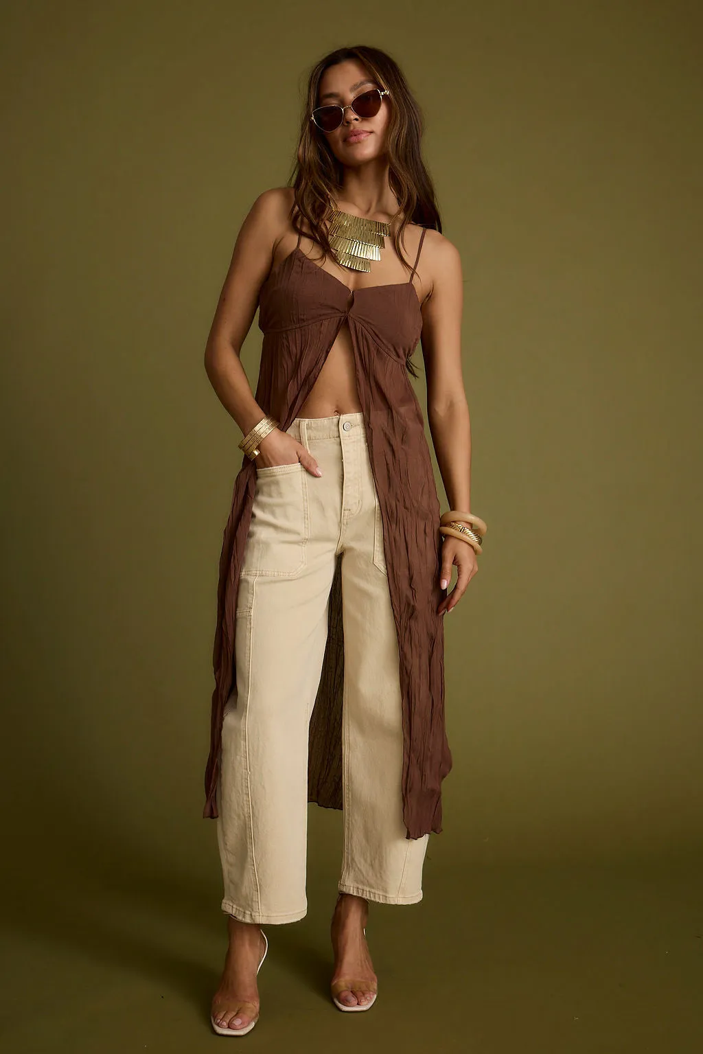 Reflective Trims NonRestrictive Fit Mischa Brown Longline Cami Top