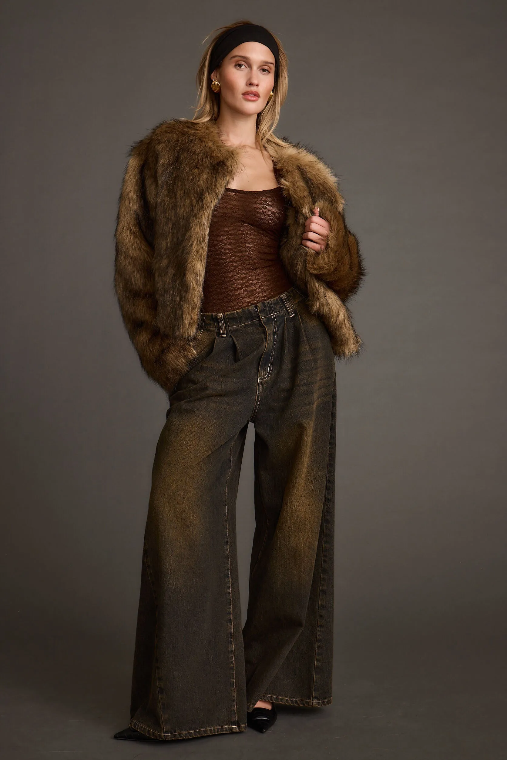 Sandaled Misty Brown Faux Fur Coat
