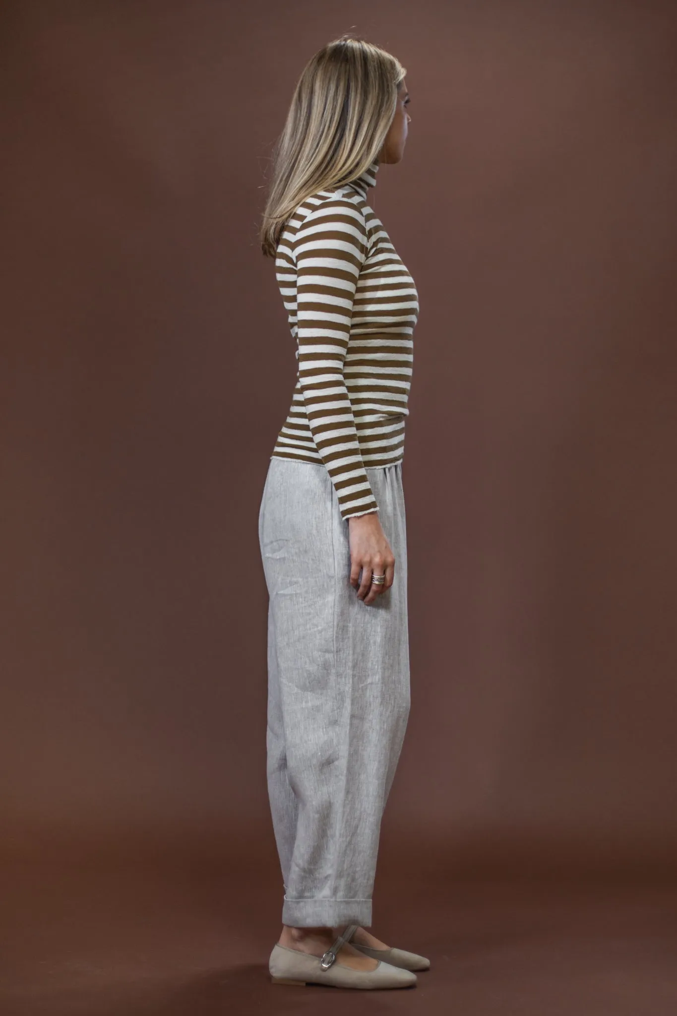 Merino Roll Neck | Raw White   Bronze Stripe Elegant Knit