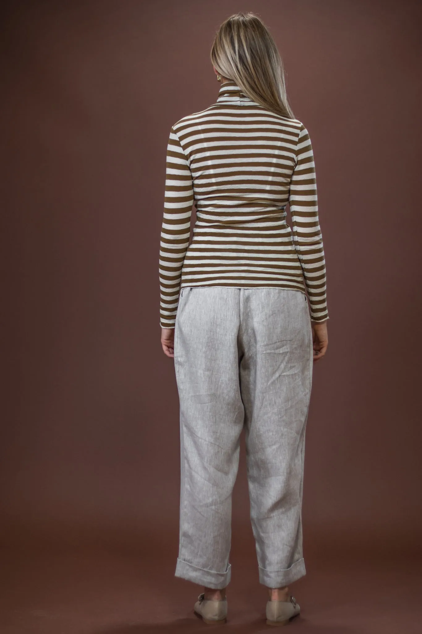 Merino Roll Neck | Raw White   Bronze Stripe Non Pilling Surface
