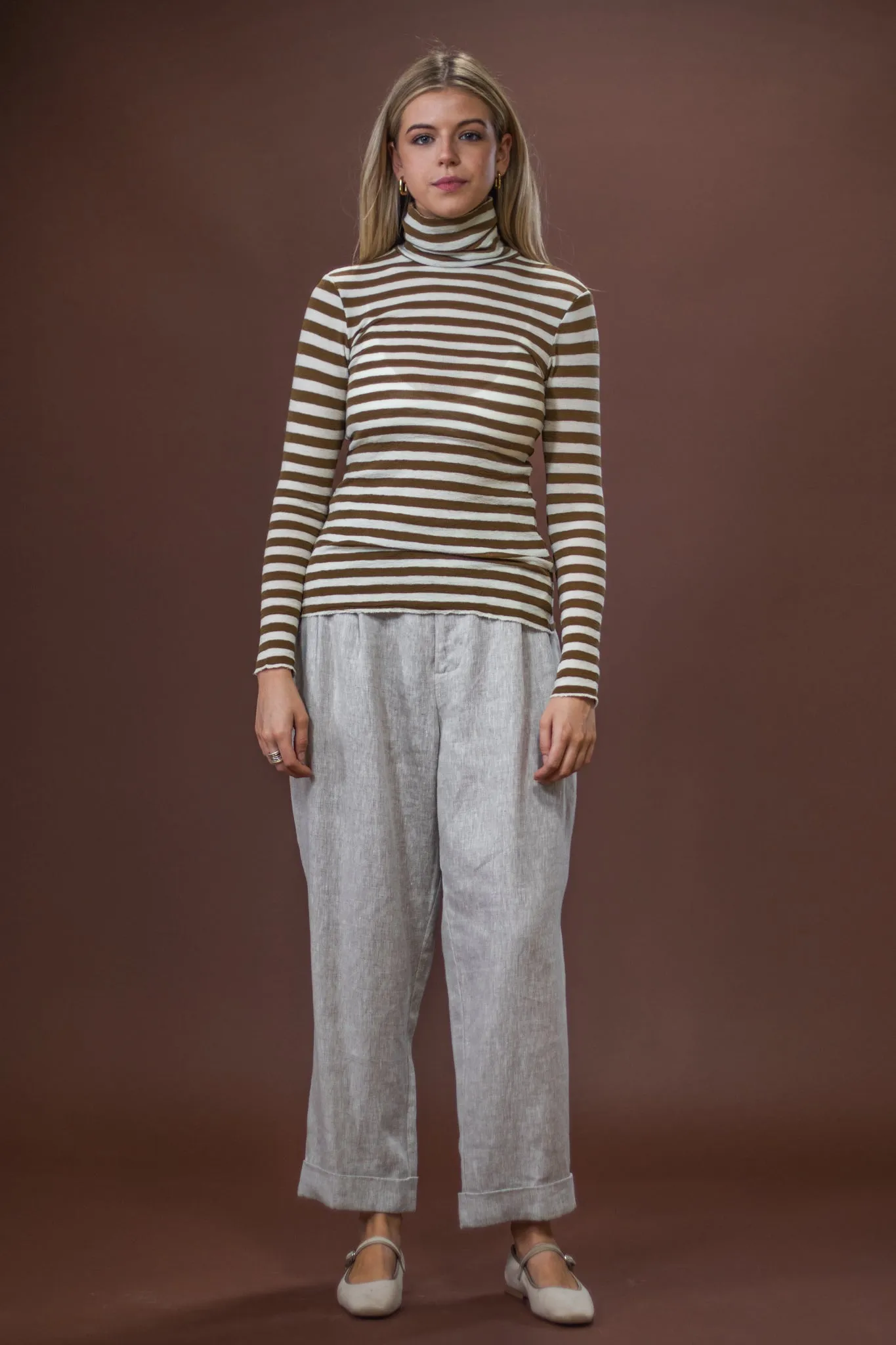 Cozy Knitwear Merino Roll Neck | Raw White   Bronze Stripe