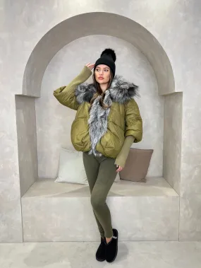 Khaki Luxury Fur Trim Jacket Pastel Shade Soft Shell