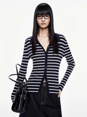 Reinforced Hems Wool Blend Striped Cardigan
