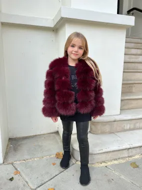 Structured Casual Fit Heavy Duty Buckle Burgundy Childrens Faux Fur Coat