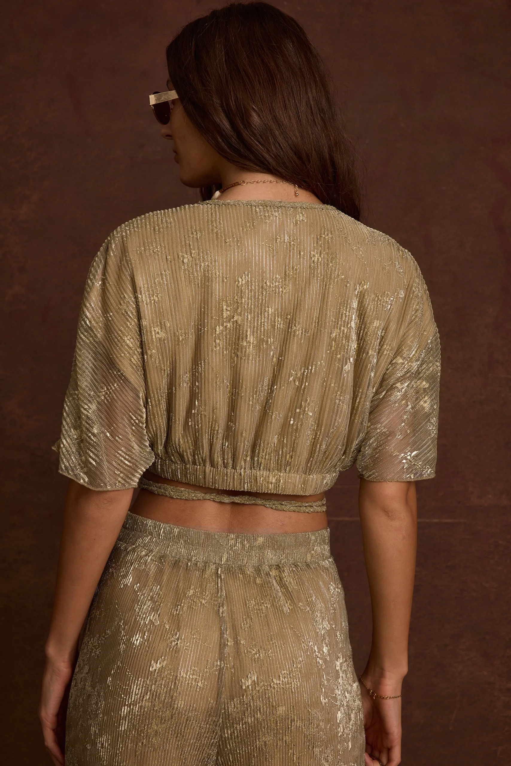 FlexibleRibbedTrims SublimatedPrint Kaia Gold Metallic Crop Top