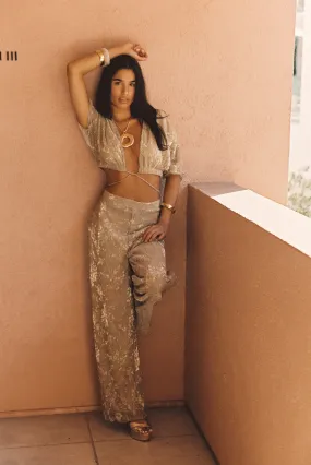 Kaia Gold Metallic Crop Top Stretch Knit Fabric