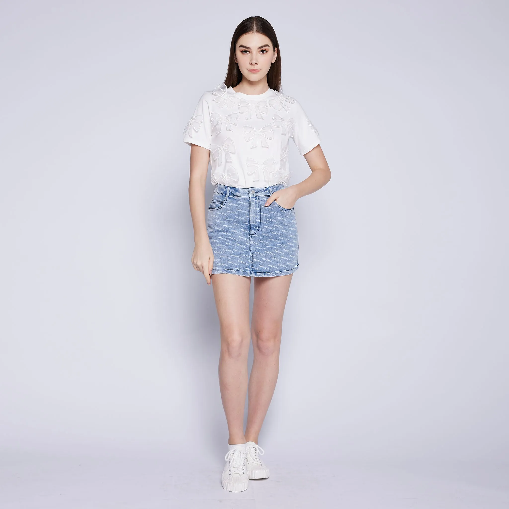Breathable Lining Non Restrictive Thigh Monogram Denim Skirt