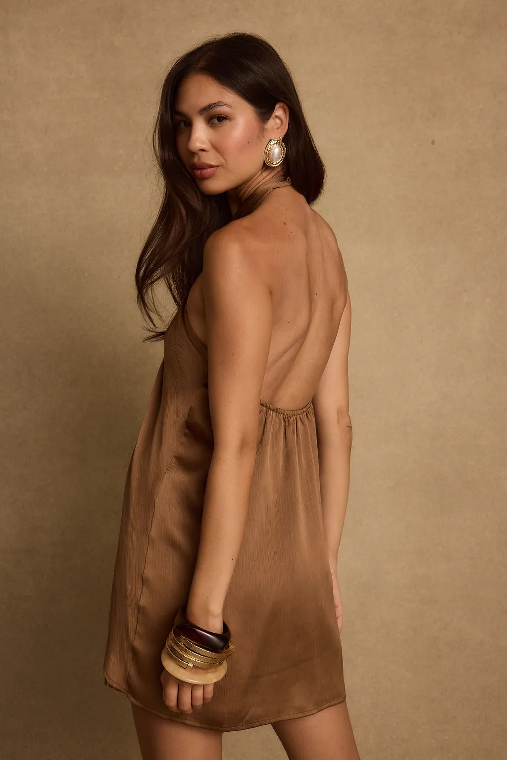Moonlit Kiss Mocha Satin Halter Top Comfortable fit