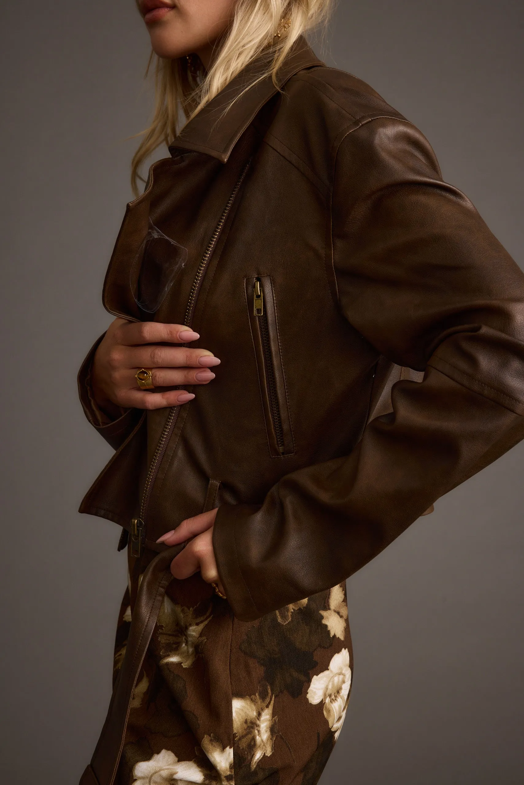 Mulholland Mocha Vegan Leather Moto Jacket Glossy Finish Autumn Ready