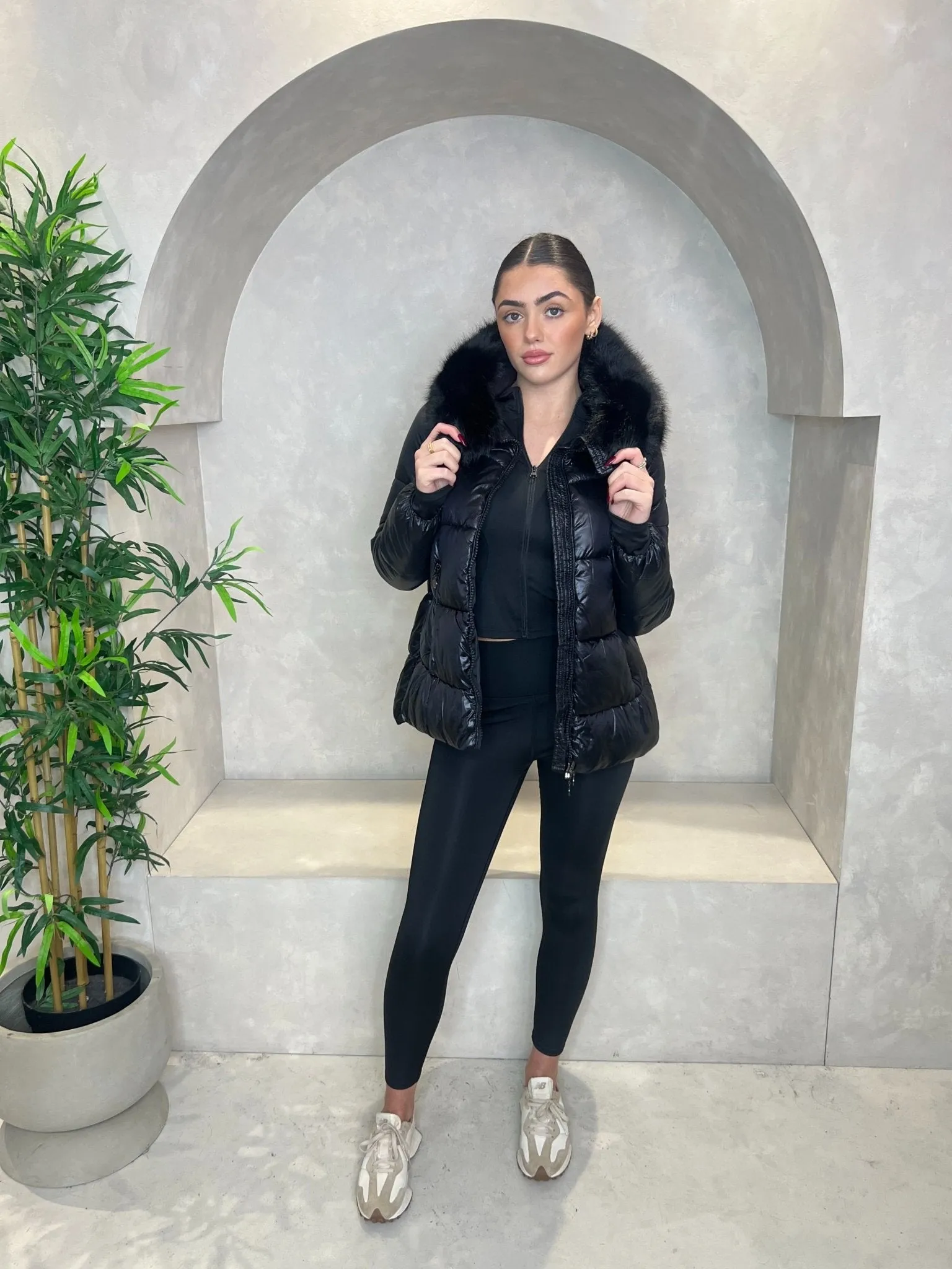 Layered Cuff System Black Faux Fur Hood Puffer Jacket