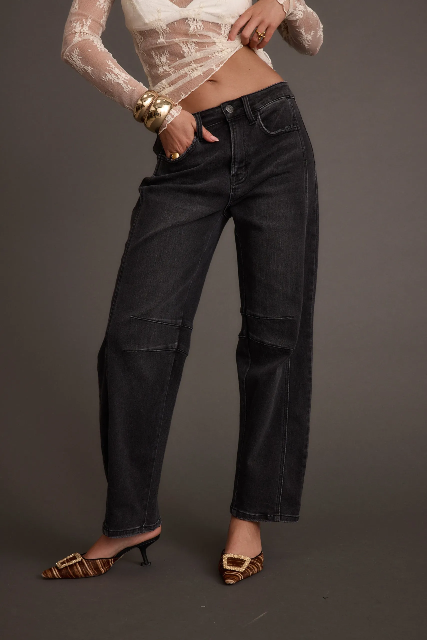 Muse Washed Black Barrel Denim Jeans Street Mood