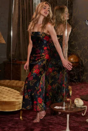 Natalia Black Floral Strapless Maxi Dress Travel Friendly Anti-bacterial