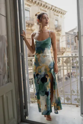 Natalia Blue and Gold Watercolor Maxi Dress Sleek Touch
