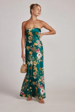 Natalia Emerald Floral Strapless Maxi Dress Lower Hem Office Shape
