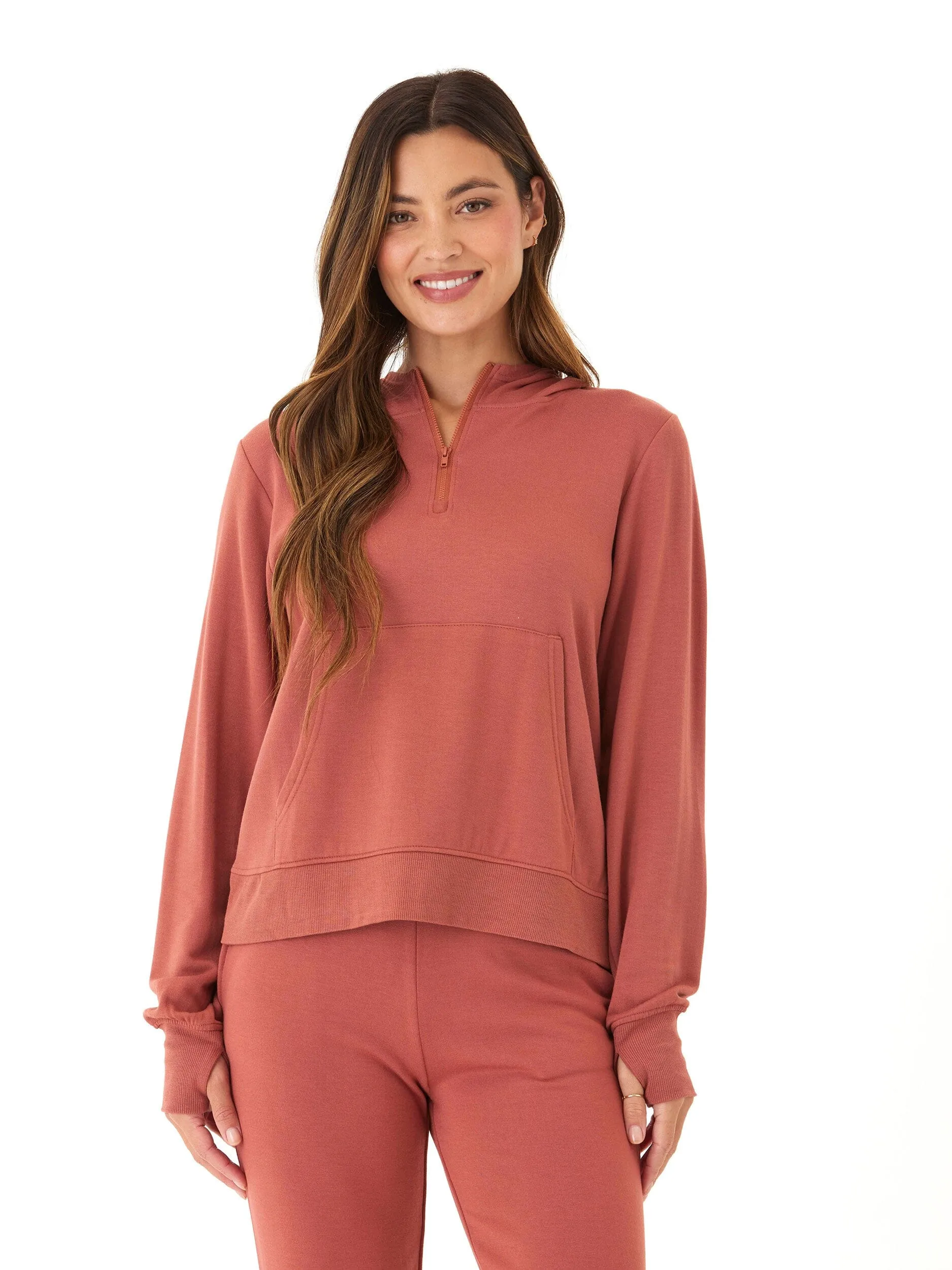 Natia Feather Fleece 1/4-Zip Hoodie Plaid Print StretchFit Silhouette