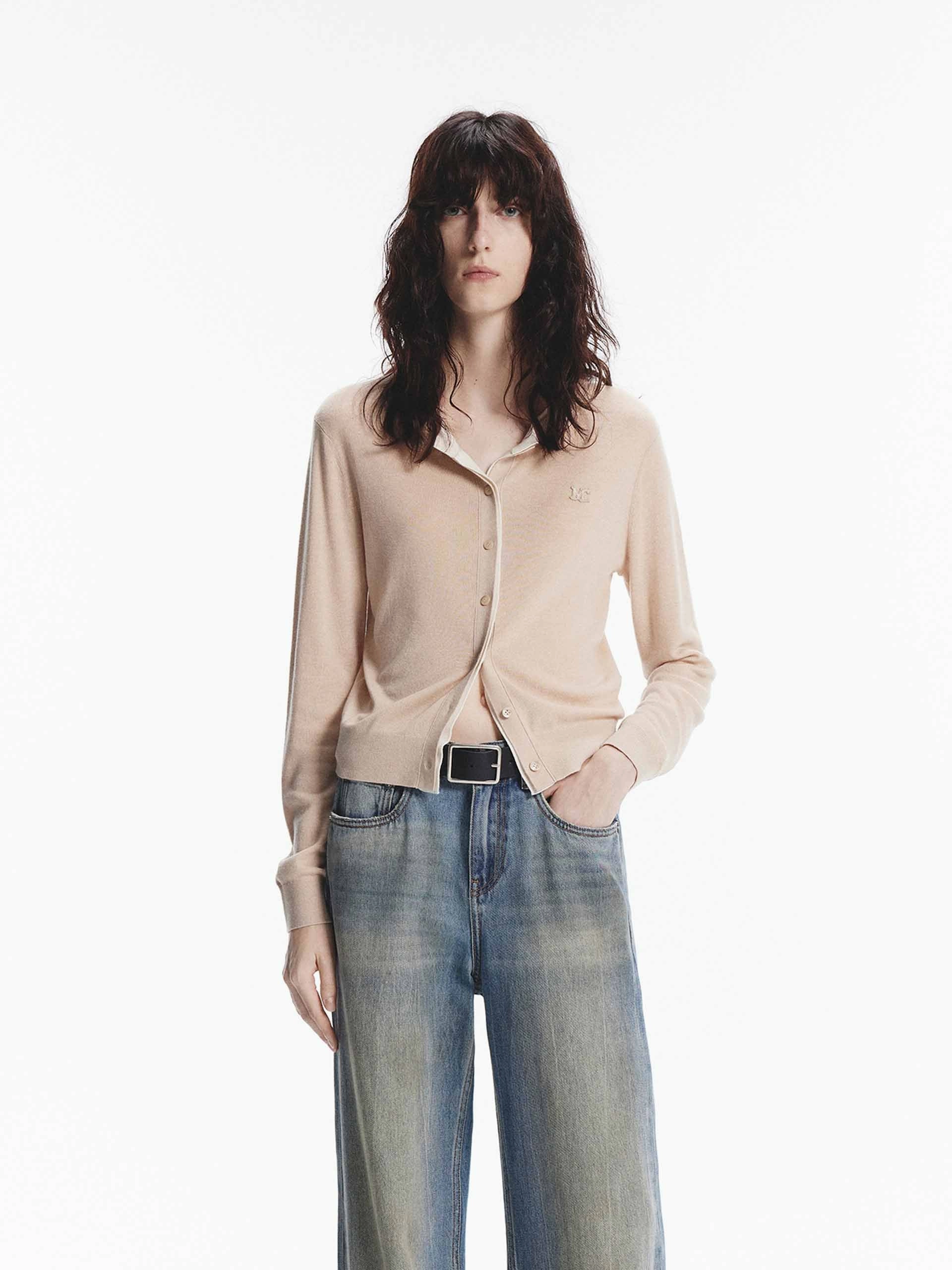 Layered Detail Knitted Cardigan NonRestrictive Fit Interlock Knit Body