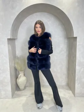 DoubleLayeredCuffs Ergonomic Shoulder Design Navy Luxury Fur 6 Row Gilet
