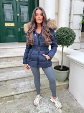 Everyday Layers Navy Luxury Fur Padded Belted Coat