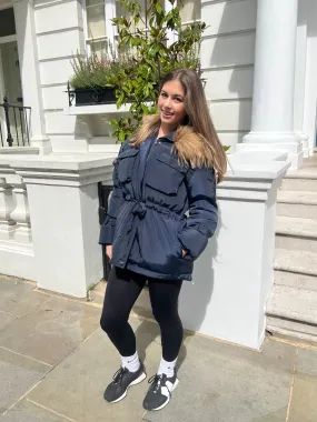 Navy/Natural Drawstring Luxury Fur Padded Belted Coat Sporty Layers Rugged Comfort