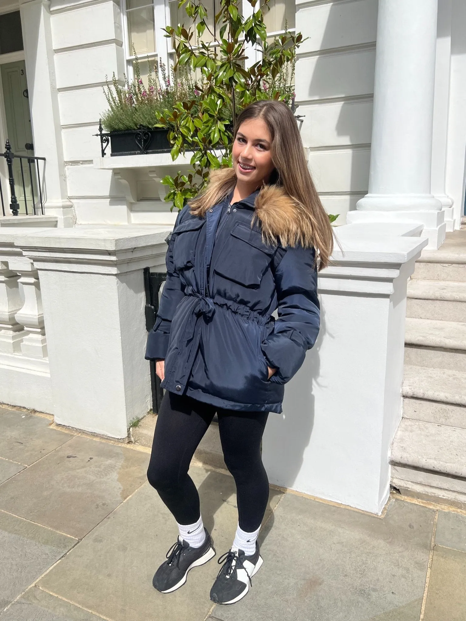 Utility Pockets Durable Water Repellent Finish Navy/Natural Drawstring Luxury Fur Padded Belted Coat
