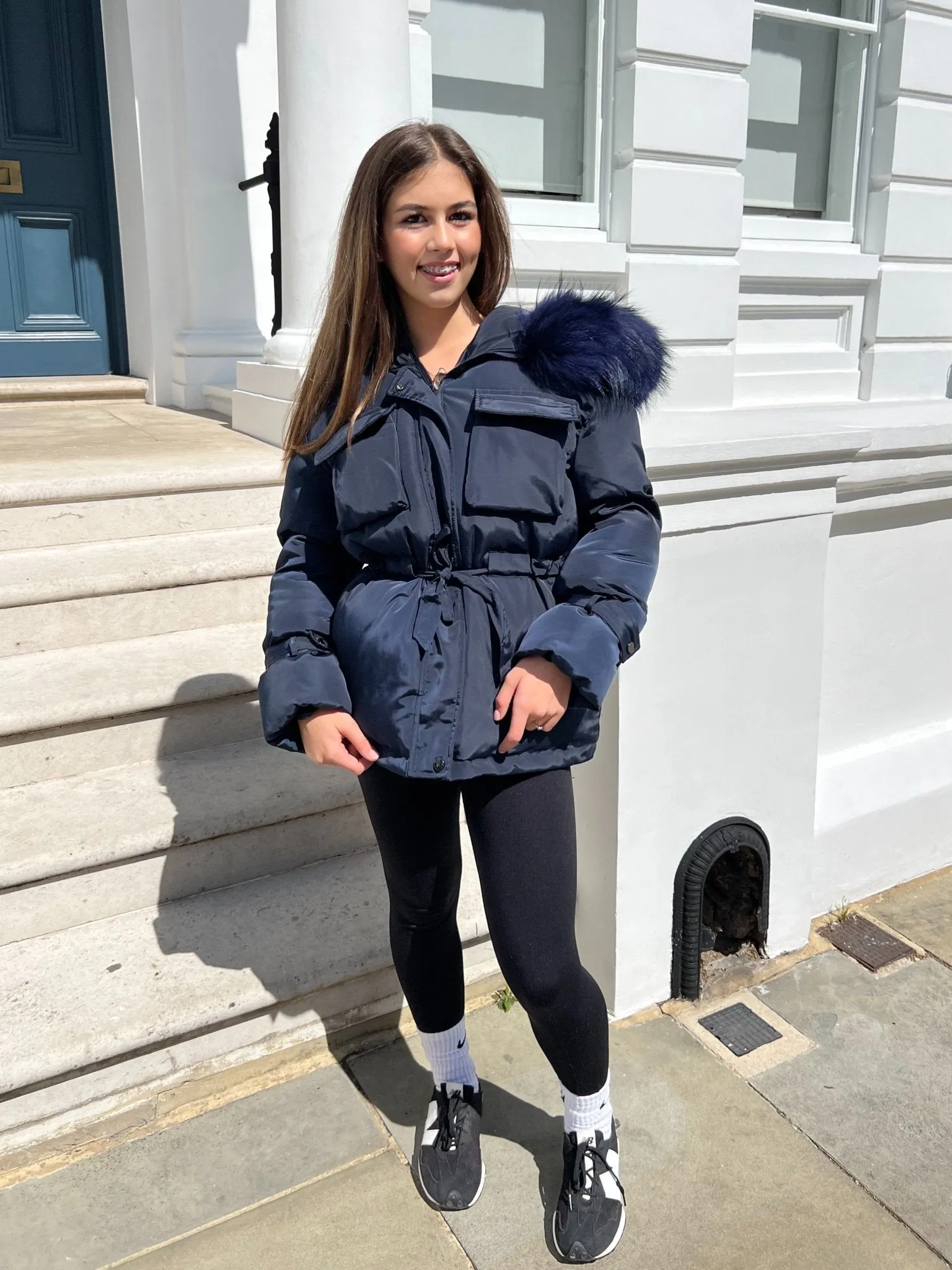 Navy/Navy Drawstring Luxury Fur Padded Belted Coat Ergonomic Shoulder Design Full Length Zipper