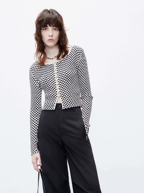 Checkered Pattern Crop Cardigan Relaxed Comforted