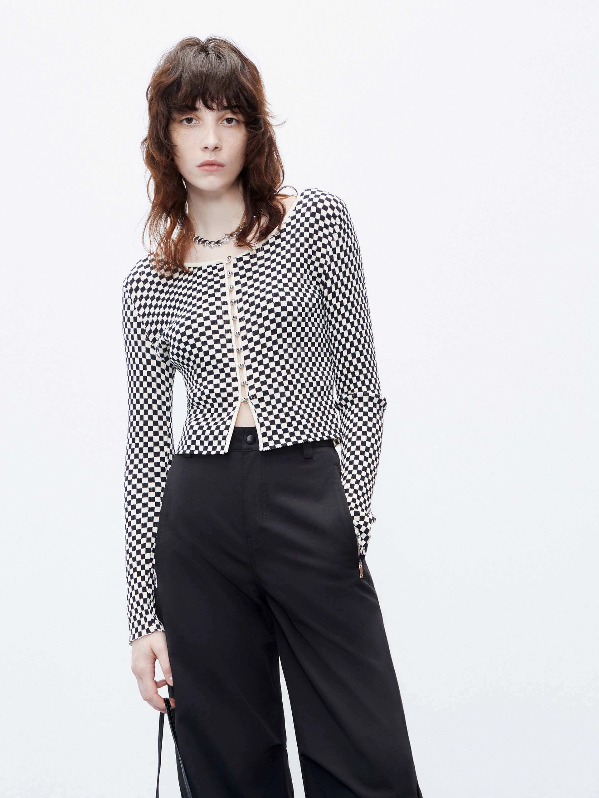 Checkered Pattern Crop Cardigan Colorfast Dyed Knit Drop Shoulder