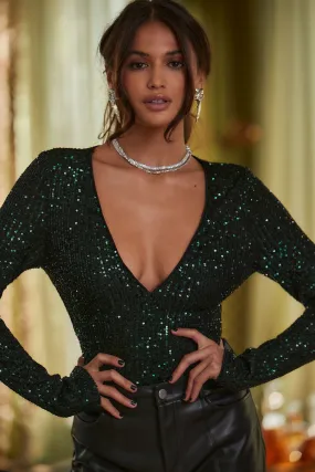 Nina Emerald Sequin Long Sleeve Bodysuit Scoop neck