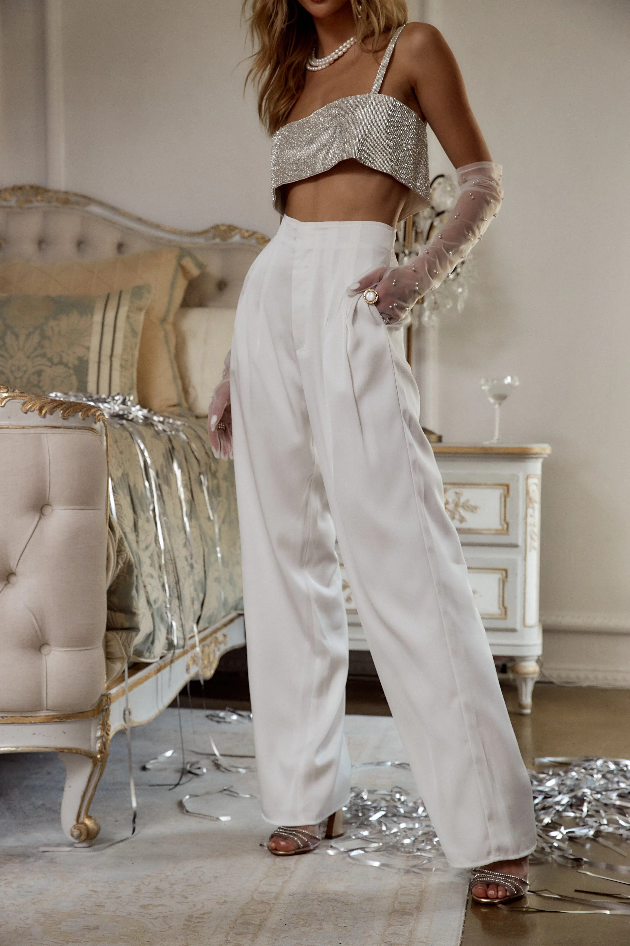 Secure fit Smart Motion Halley White Satin Trousers