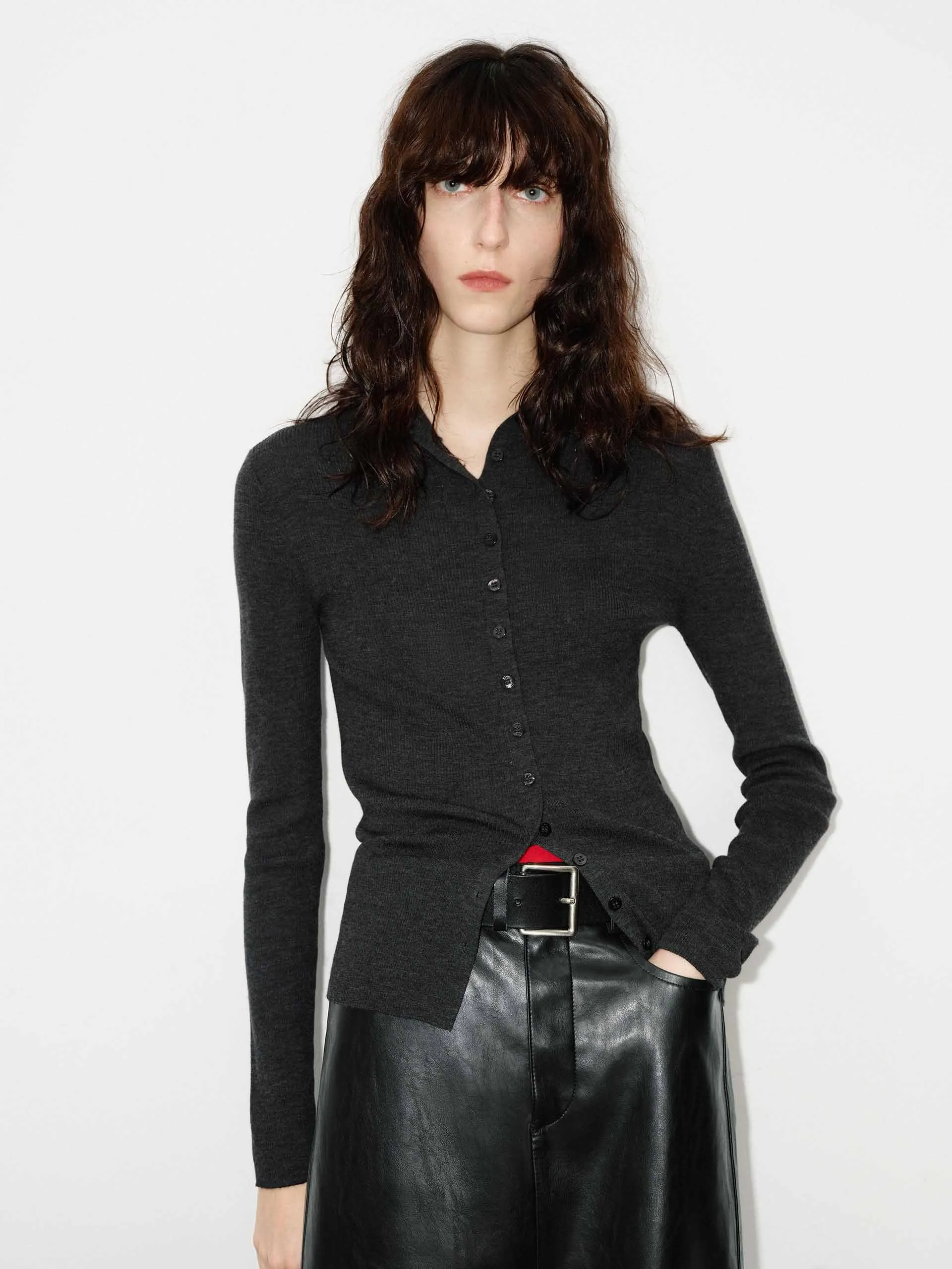 Faux Placket Slim Knit top Soft Waistband layering option