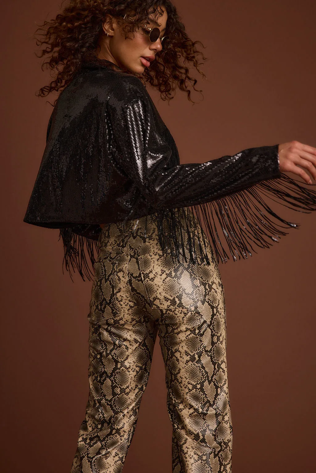 Star Crossed Black Sequin Jacket Utility Pockets Mid Length Cut