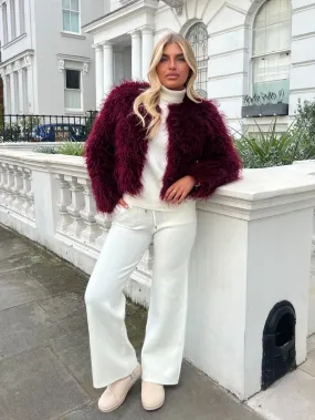 Burgundy Faux Fur Mongolian Coat Wrinkle Free Exterior Light Outdoor Layer