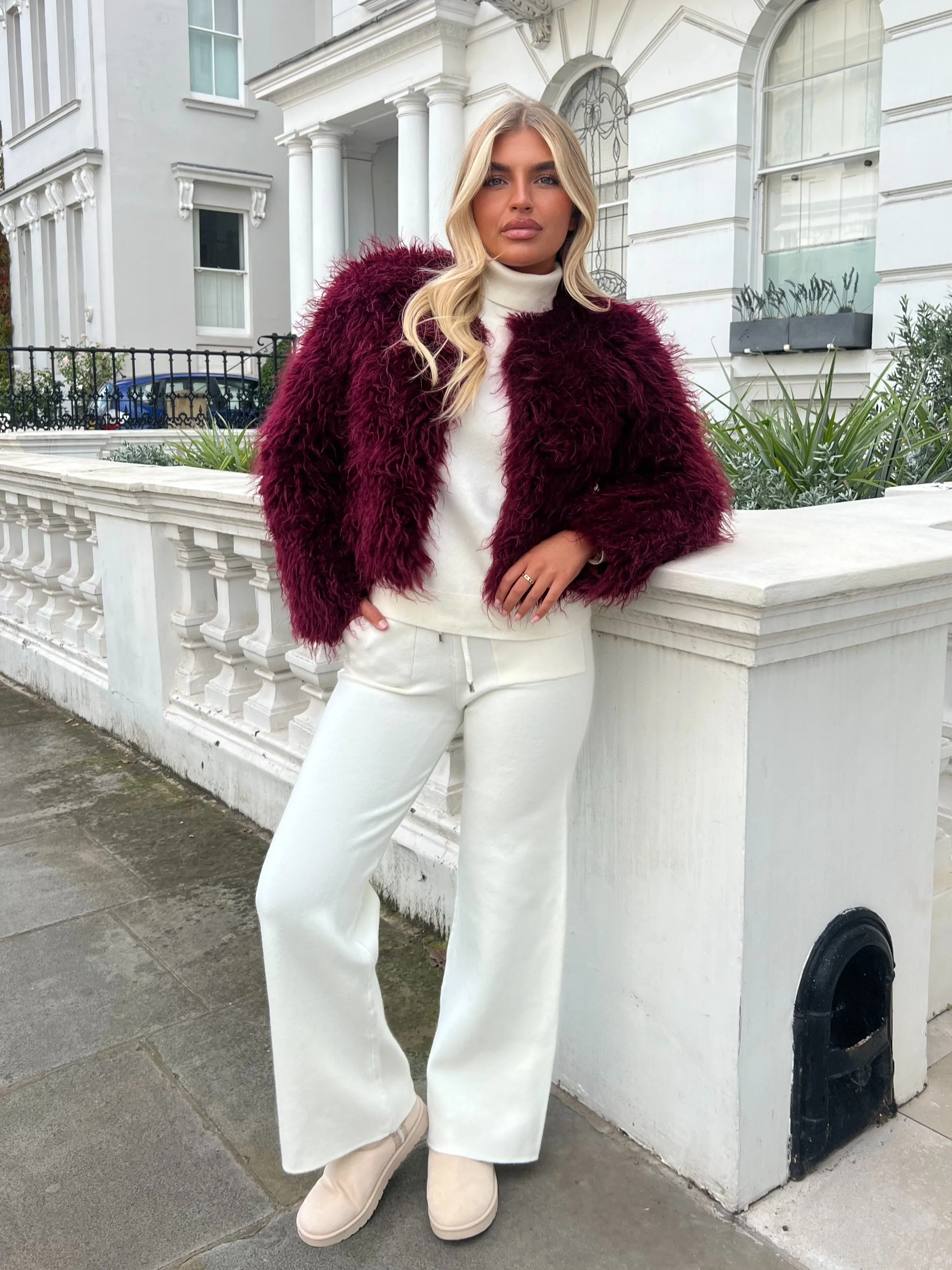 Burgundy Faux Fur Mongolian Coat TapedZippers