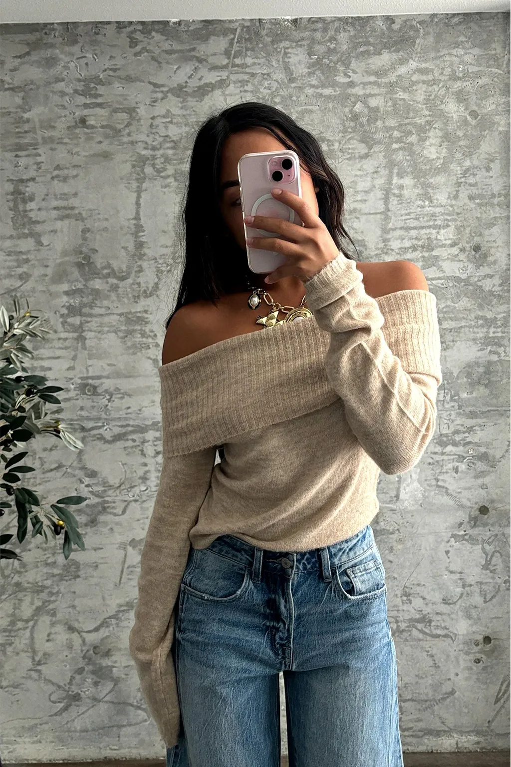 Nora Beige Off the Shoulder Sweater Afternoon outing