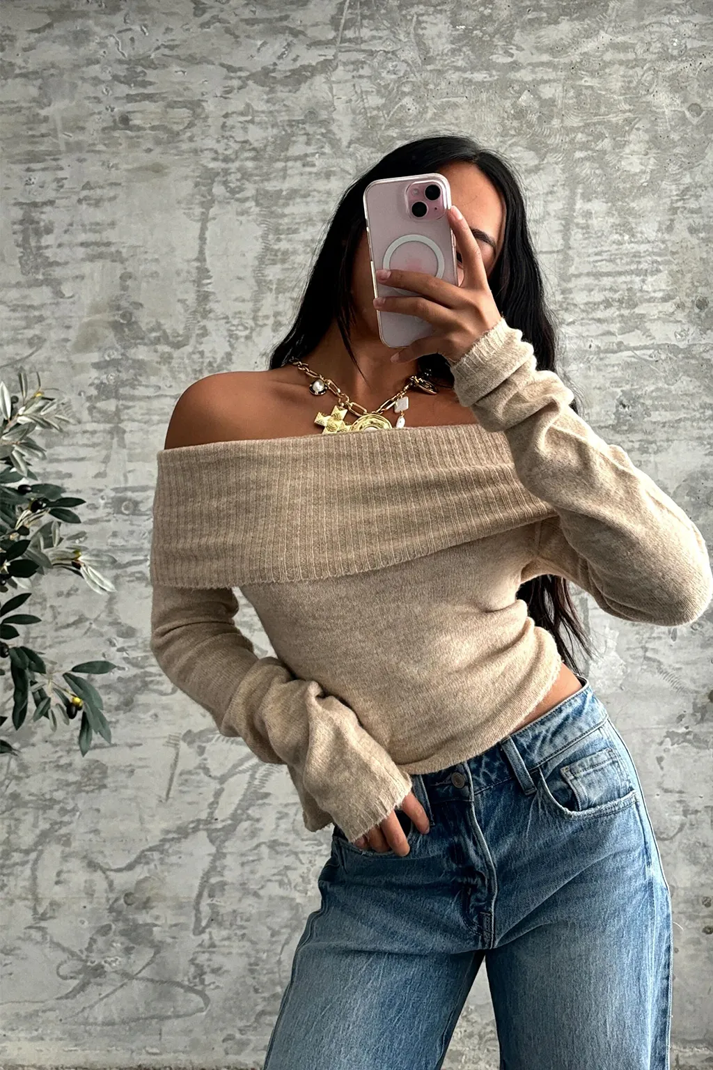 Casual Style Nora Beige Off the Shoulder Sweater
