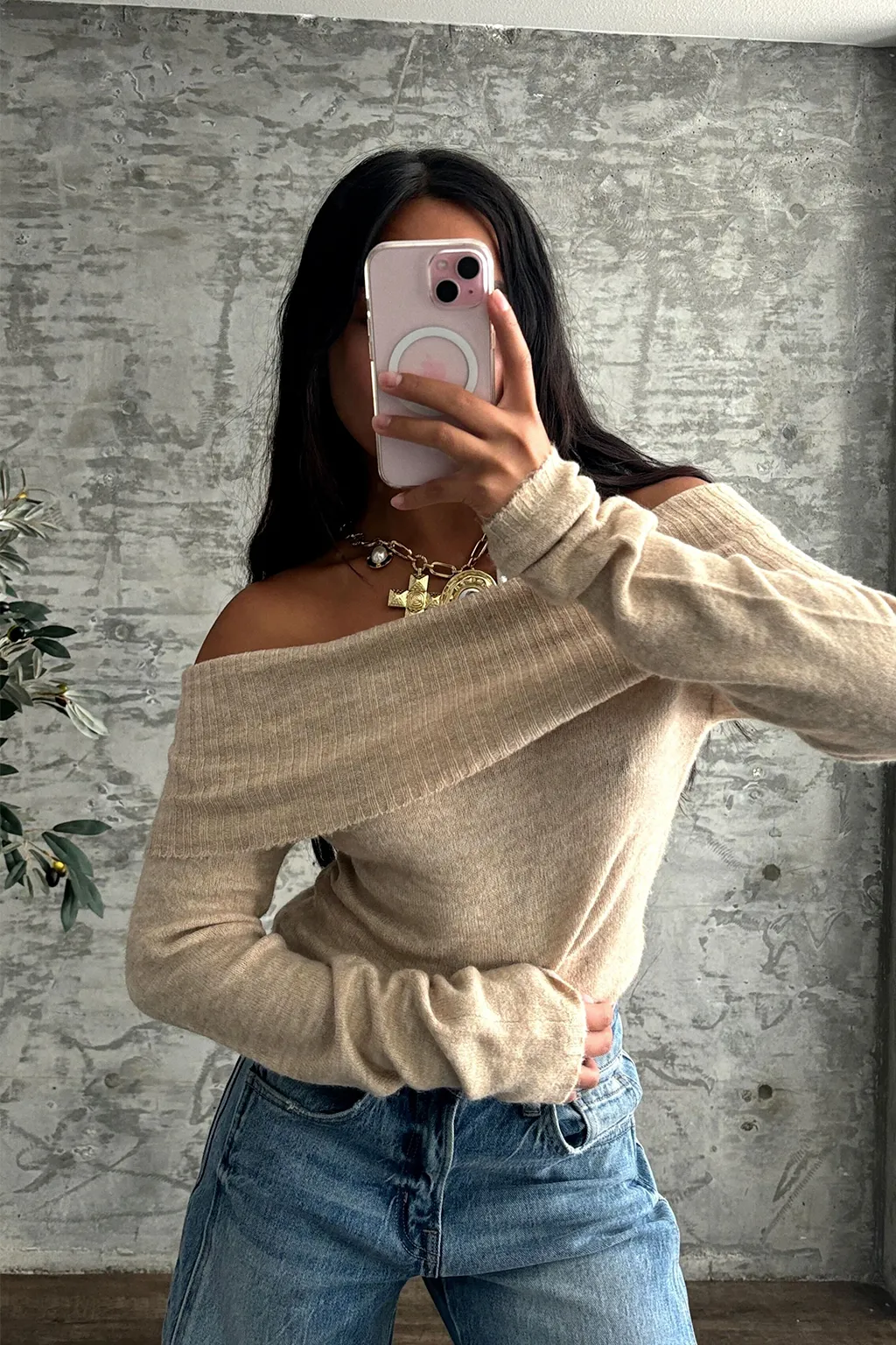 Nora Beige Off the Shoulder Sweater Striped Striped Design