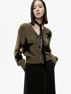 Polo Neckline Double Layered Hem Star Pattern Knitted Cardigan